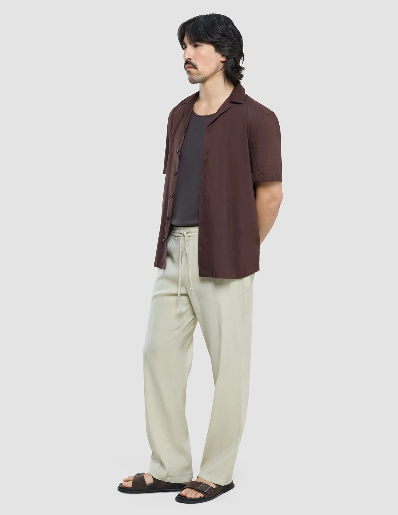 Refined Linen Bowling Short Sleeve Shirt Dark Brown - Image 4