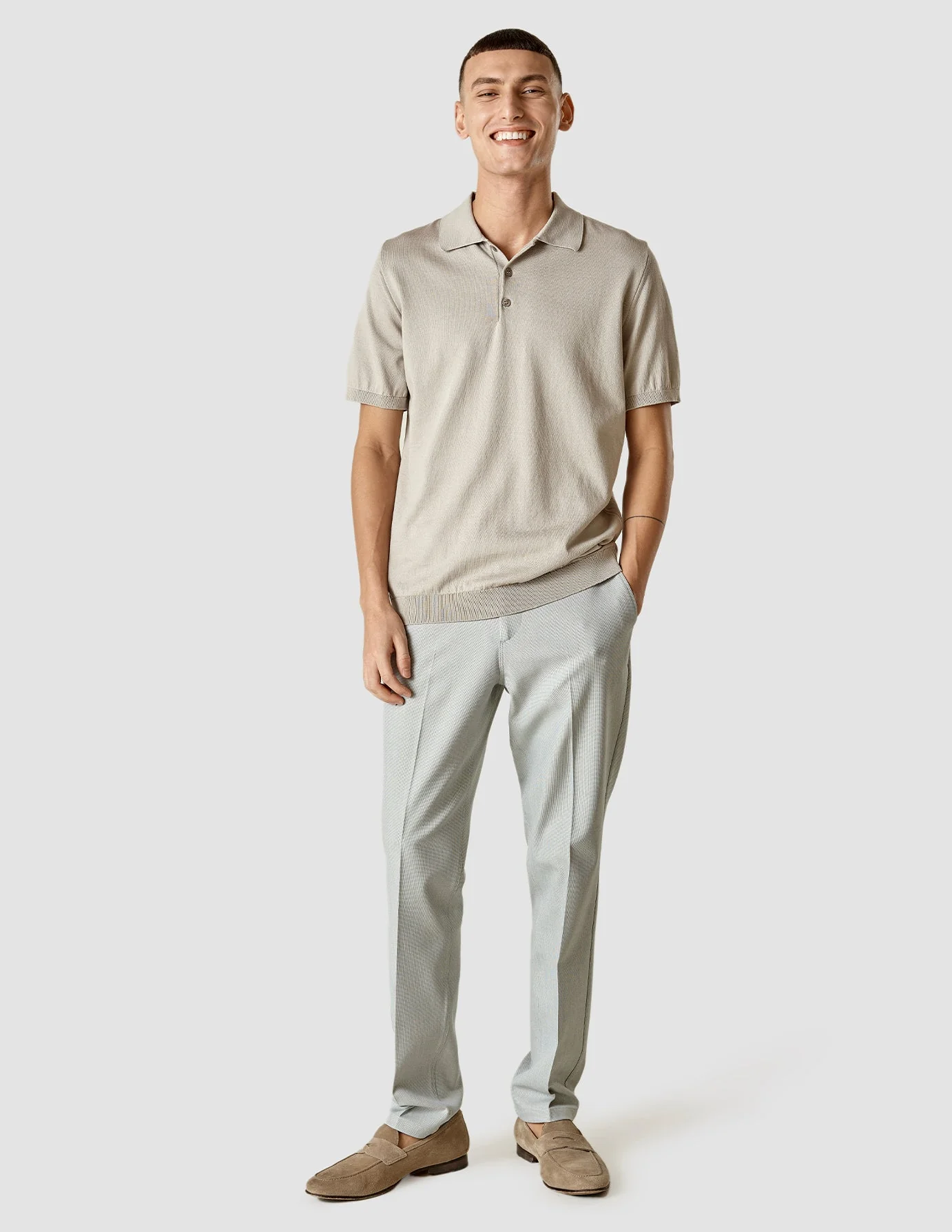 Silk / Cotton Short Sleeve Polo Light Grey - Image 2