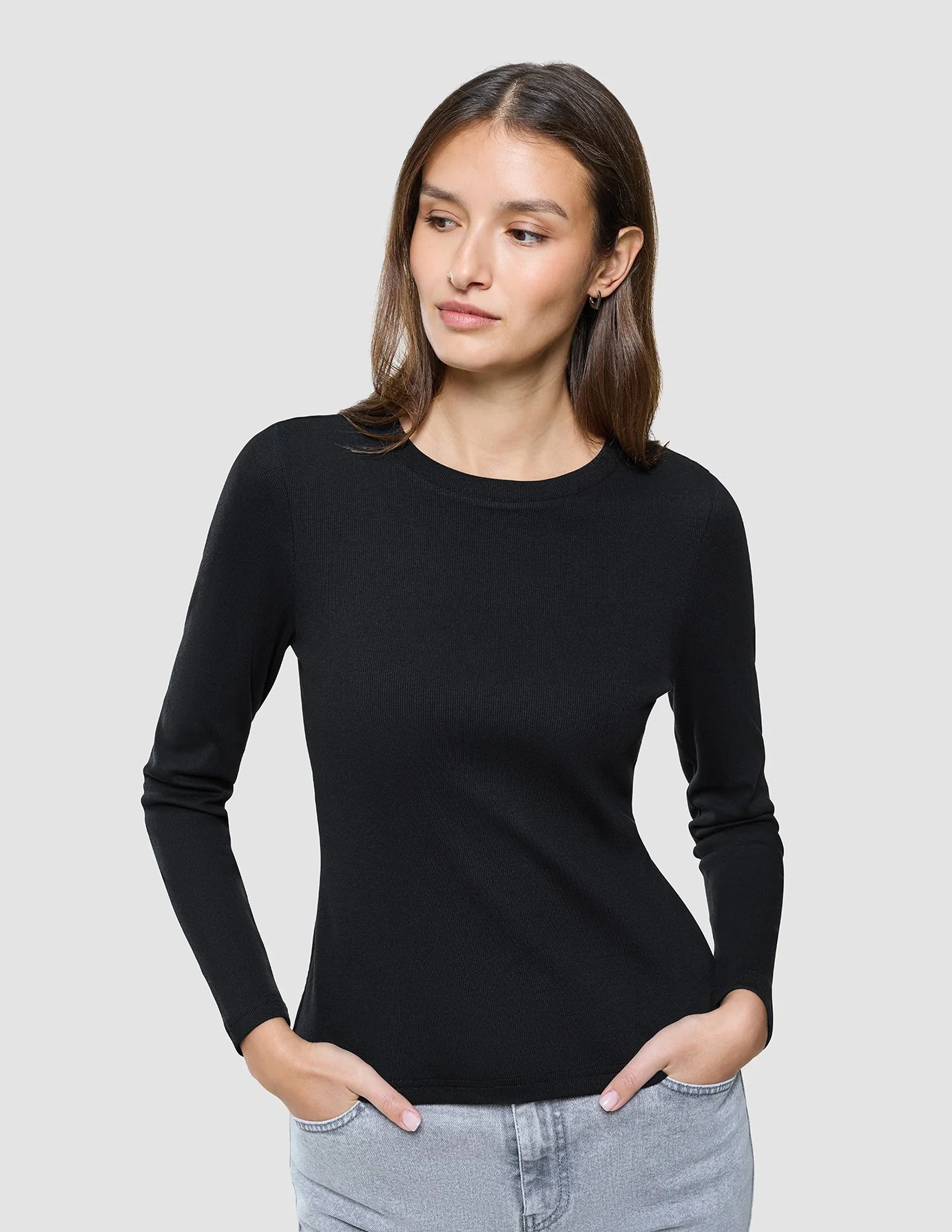 Women Rib T-Shirt Long Sleeve Black - Image 4