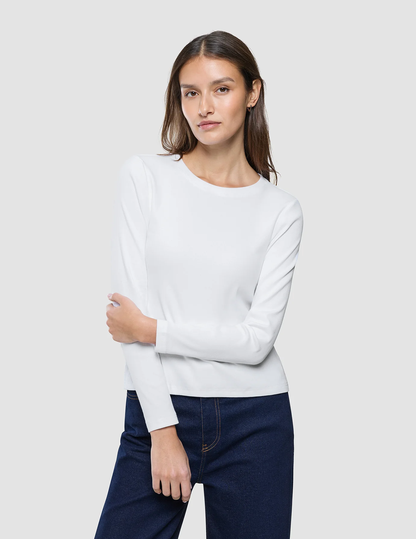Women Rib T-Shirt Long Sleeve White - Image 4
